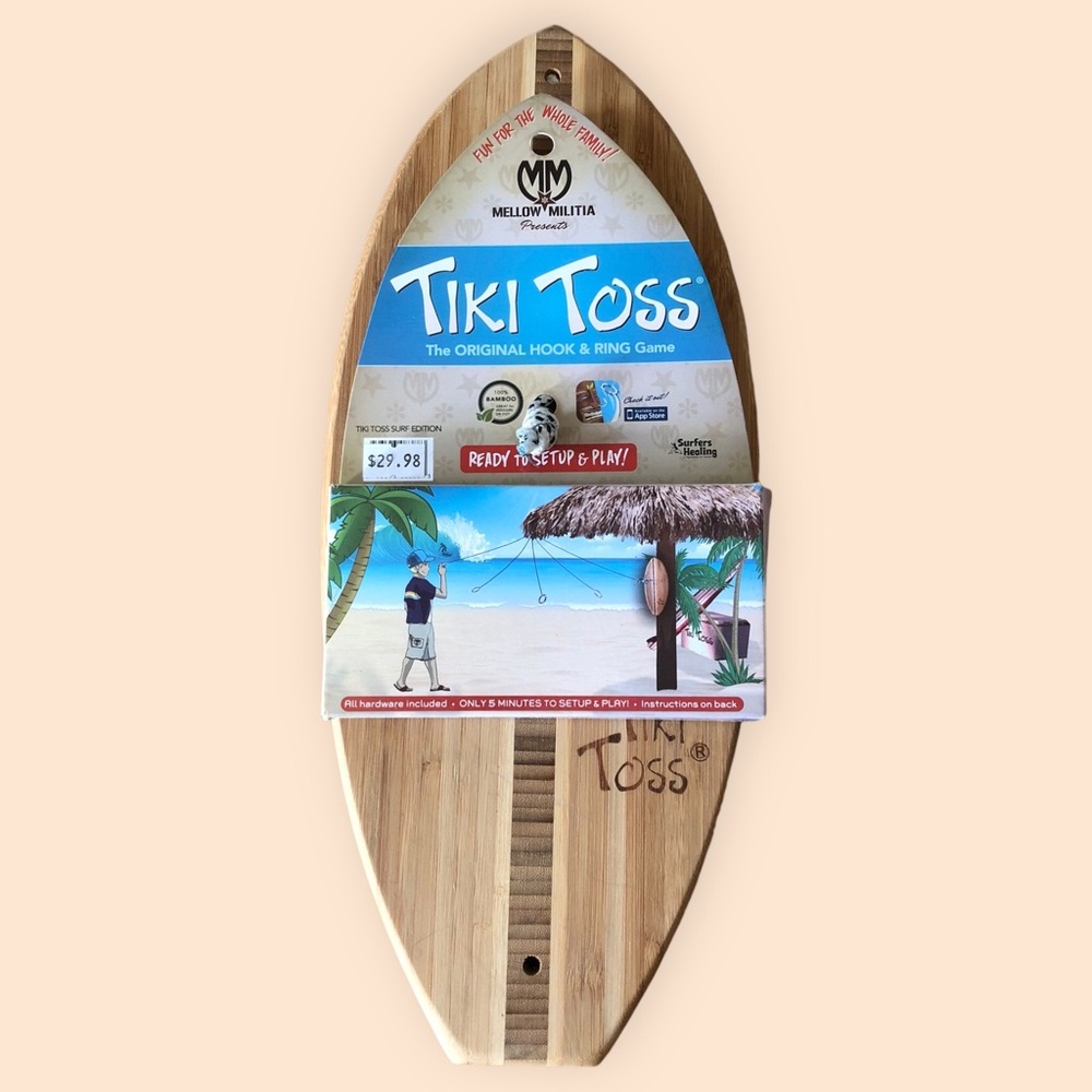 Tiki Toss Hook & Ring Game NEW Natural Wood Bamboo Surfboard Coastal Summer Game